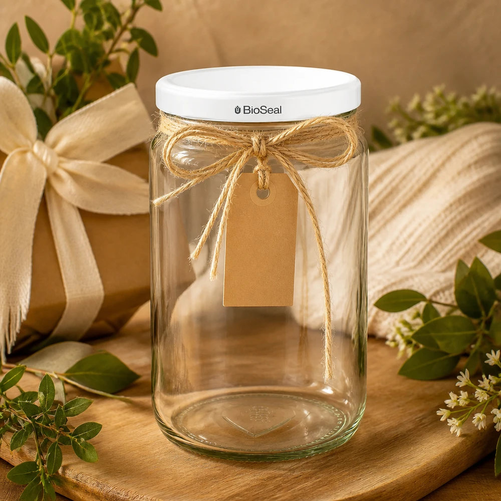 Frasco redondo de 795 ml com tampa BioSeal branca UNiTWIST Caixa de presente UNiTWIST Runda795 com laço de ráfia e etiqueta de papel kraft - embalagem de vidro decorativa