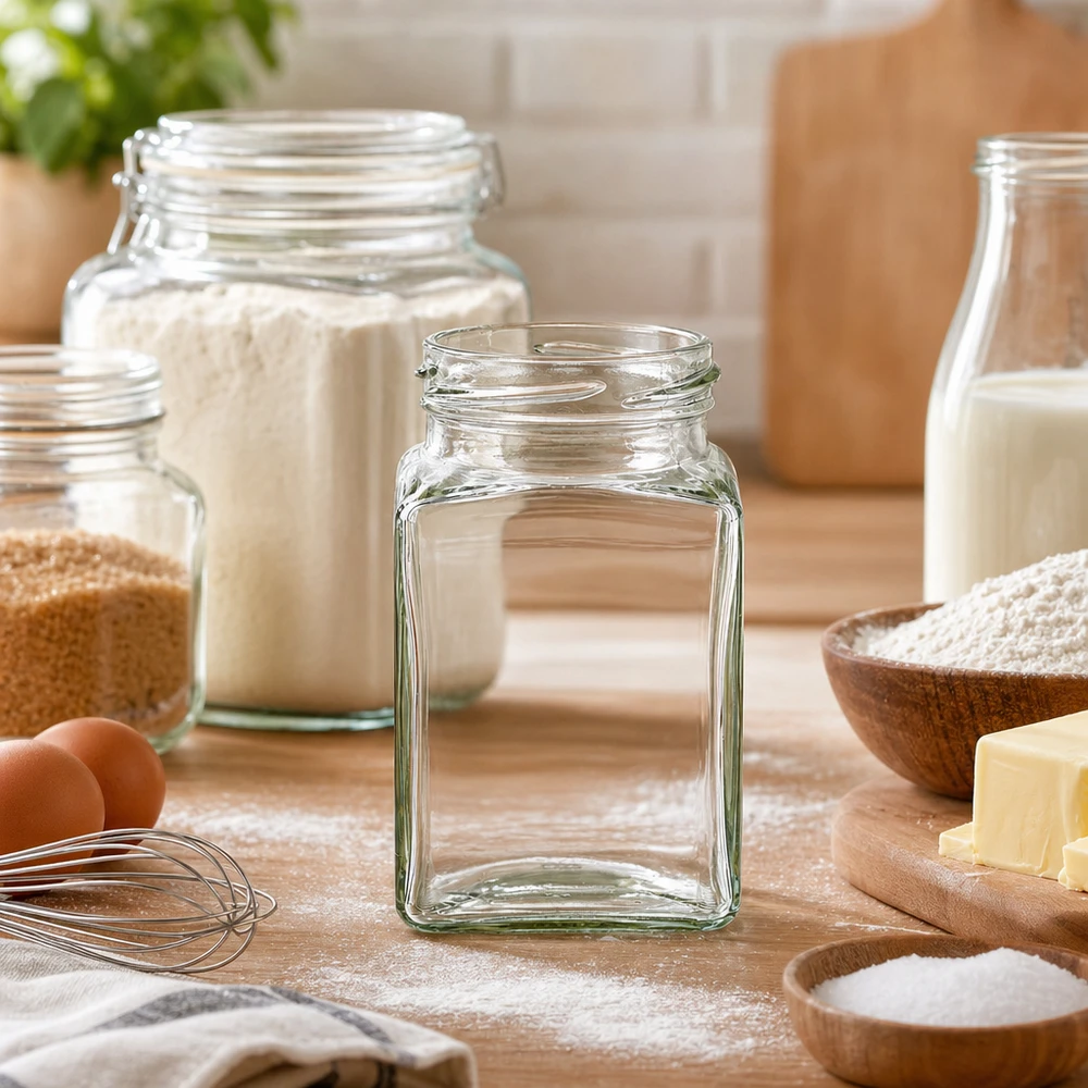Frasco vazio UNiTWIST Tetra260 de 4 cantos 260ml TO58 na bancada da cozinha com ingredientes de pastelaria e frascos de arrumação