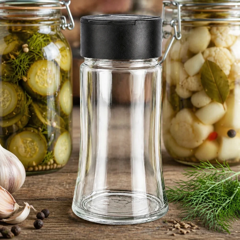 Frasco para sal/especiarias de 95 ml com espalhador duplo preto Pequeno frasco de especiarias de 95 ml com um espalhador duplo preto, entre pepinos em conserva e couve-flor