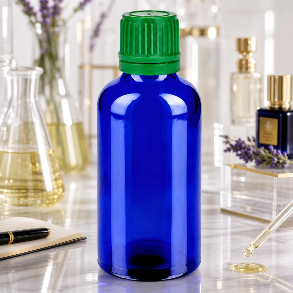 Equipamento profissional de laboratório de 50 ml com frasco de vidro azul e tampa de rosca verde SV