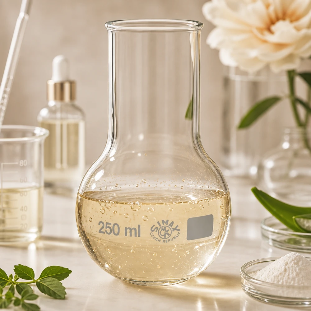 Frasco de vidro borossilicato 250ml com conteúdo dourado para cosméticos e produtos naturais