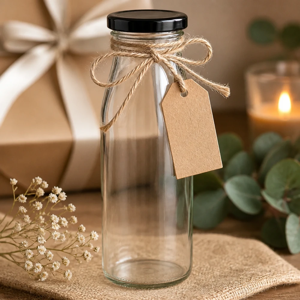 Frasco de vidro de 500 ml + tampa BasicSeal preta UNiTWIST Garrafa de vidro de 500 ml com tampa preta para oferta, decorada com cordão de juta e etiqueta rústica para oferta