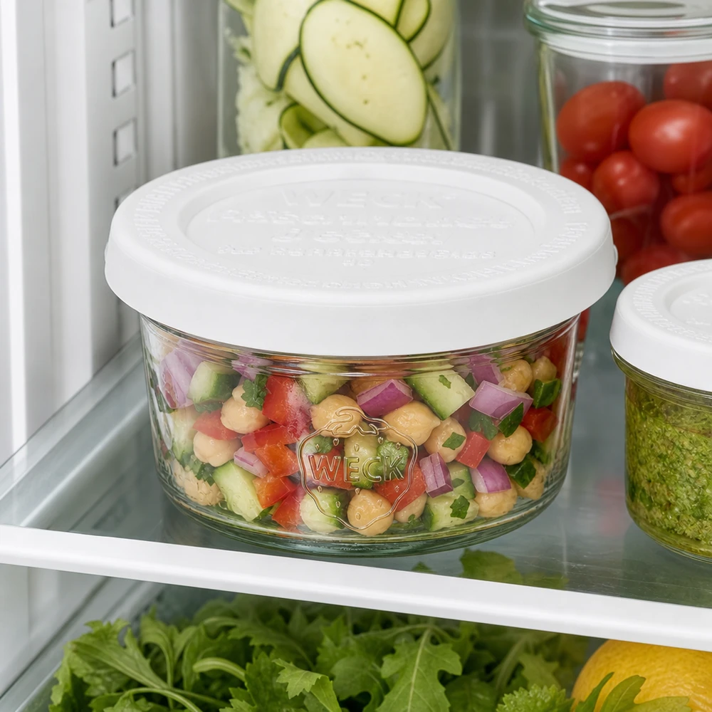 Copos WECK 50ml RR60 com salada colorida no frigorífico entre ingredientes frescos para uma arrumação prática da preparação das refeições