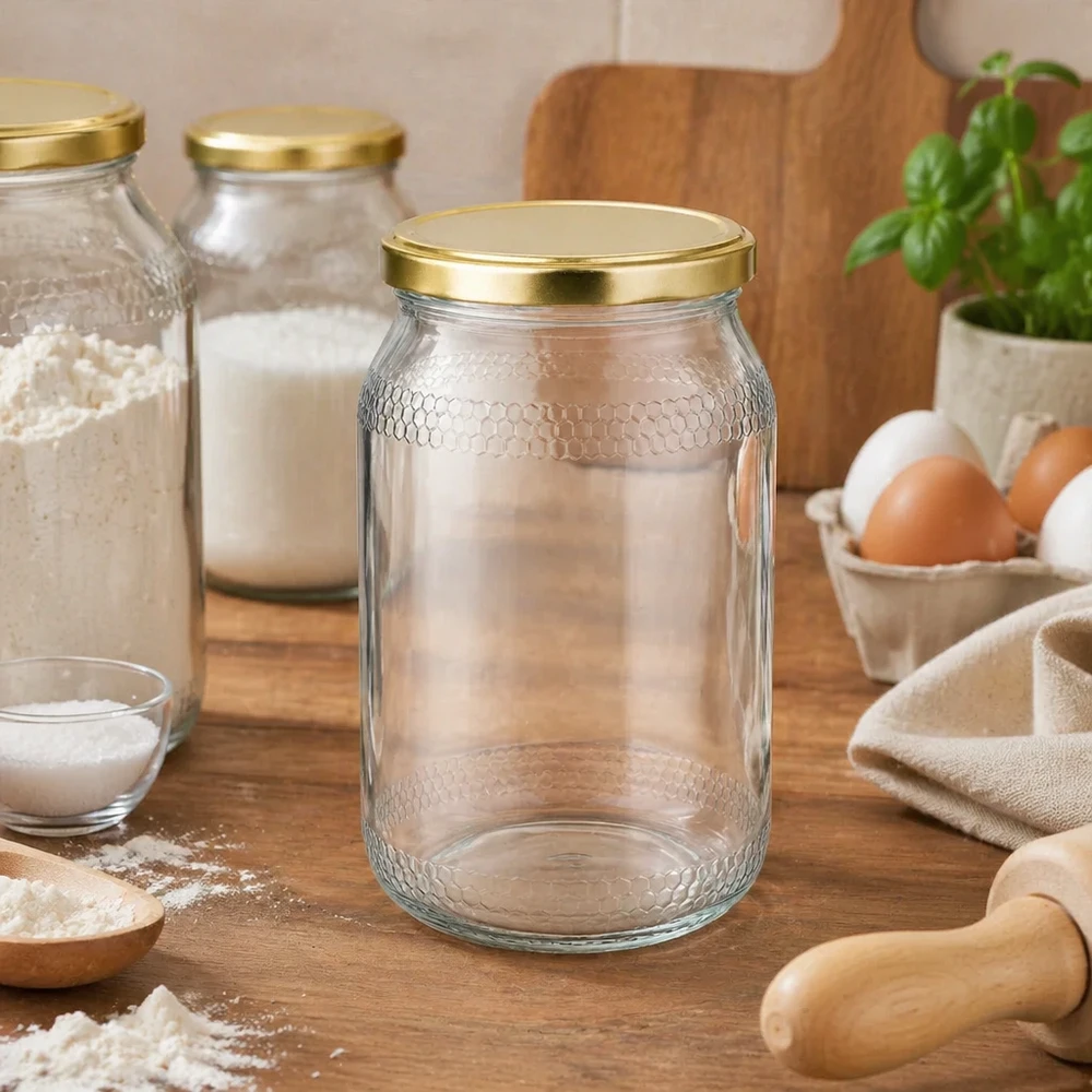 1260g Honigglas + BasicSeal Deckel gold UNiTWIST Frasco de mel vazio de 900 ml com estrutura em favo de mel e tampa dourada numa cena de cozinha rústica com ingredientes de pastelaria