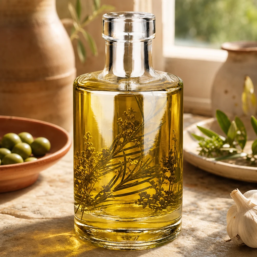 200ml Glasflasche "Marie" ohne Verschluss UNiTWIST Garrafa de vidro Marie 200ml cheia de óleo de ervas Exemplo de aplicação Cozinha Decoração mediterrânica Estilo de vida