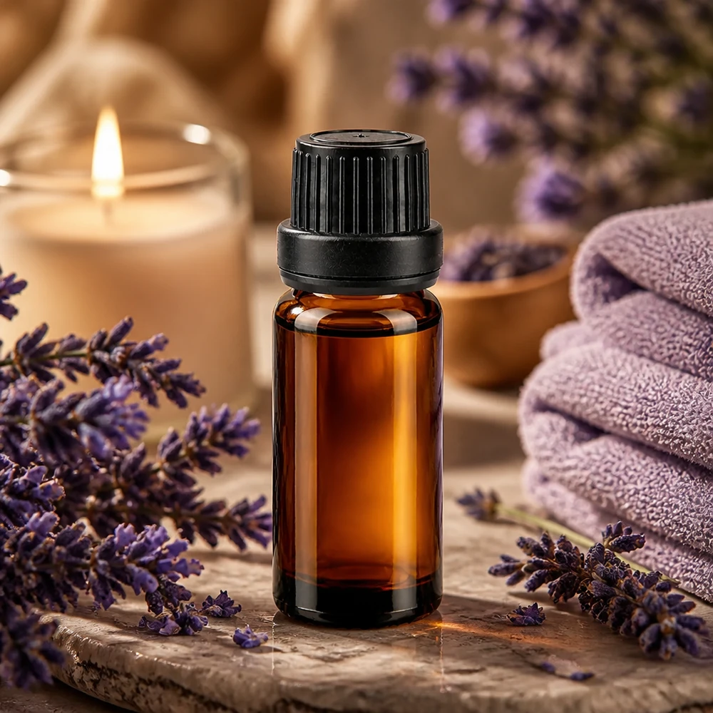 Frasco de farmácia castanho de 10 ml com tampa OV preta, ao lado de flores de lavanda e de uma vela