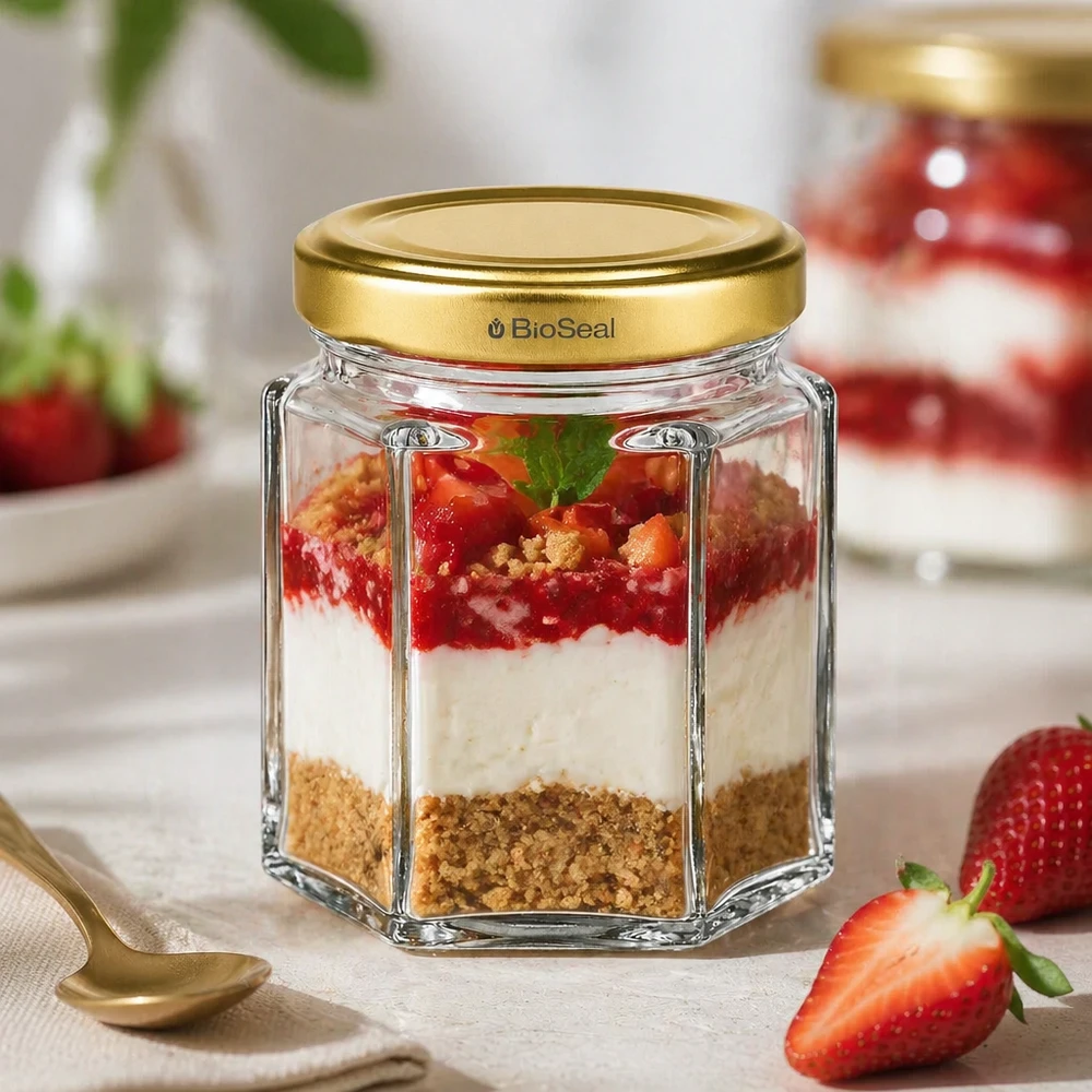 60g Honigglas mit goldenem Deckel BioSeal UNiTWIST Frasco de mel BioSeal 60g com sobremesa em camadas de cheesecake de morango recheado ao lado de uma colher dourada e morangos frescos