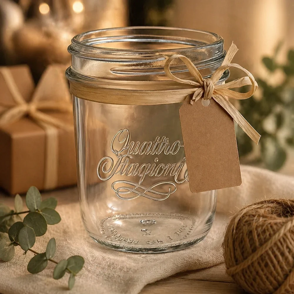Frasco de conserva Quattro Stagioni de 320 ml com fita e etiqueta de oferta como decoração numa mesa de madeira rústica