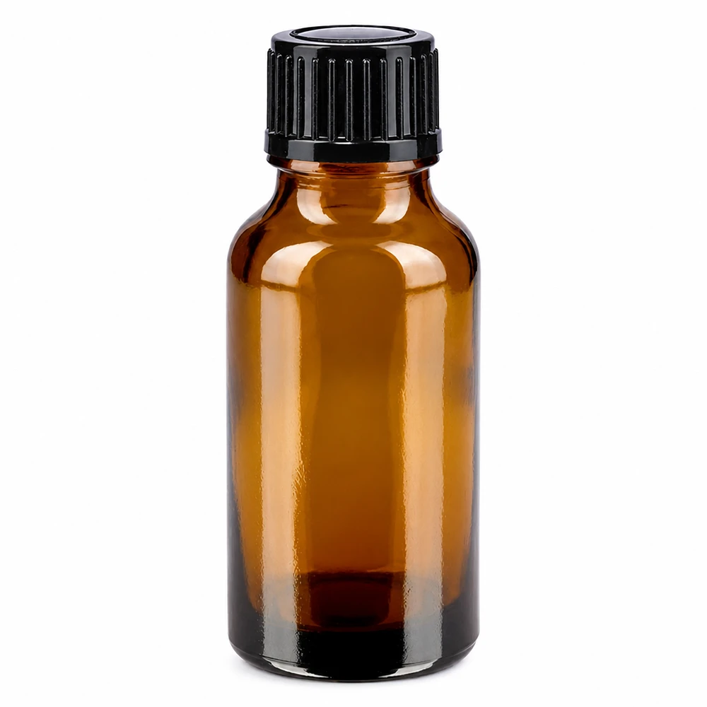 Frasco de vidro castanho de farmácia com 20 ml e tampa preta padrão de 11 mm