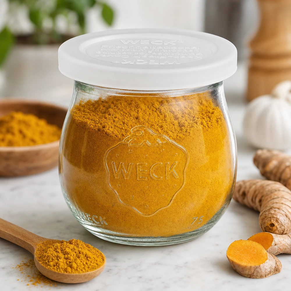 Frasco de tulipa WECK 75ml RR40 cheio de curcuma em pó ao lado de raízes frescas de curcuma e colher de pau sobre mármore