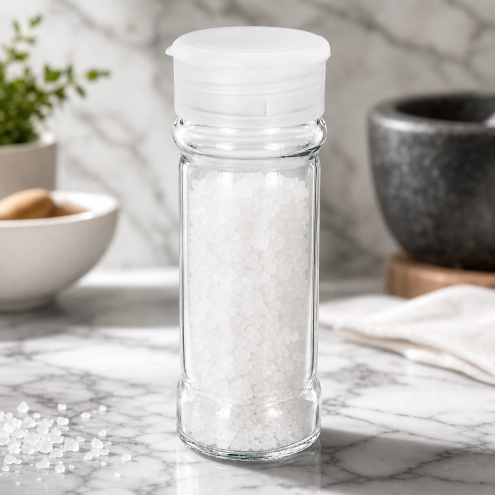 Frasco para sal/especiarias de 100 ml com espalhador, branco Frasco redondo de sal de 100 ml com tampa dosadora branca, cheio de sal marinho grosso, sobre uma base de mármore