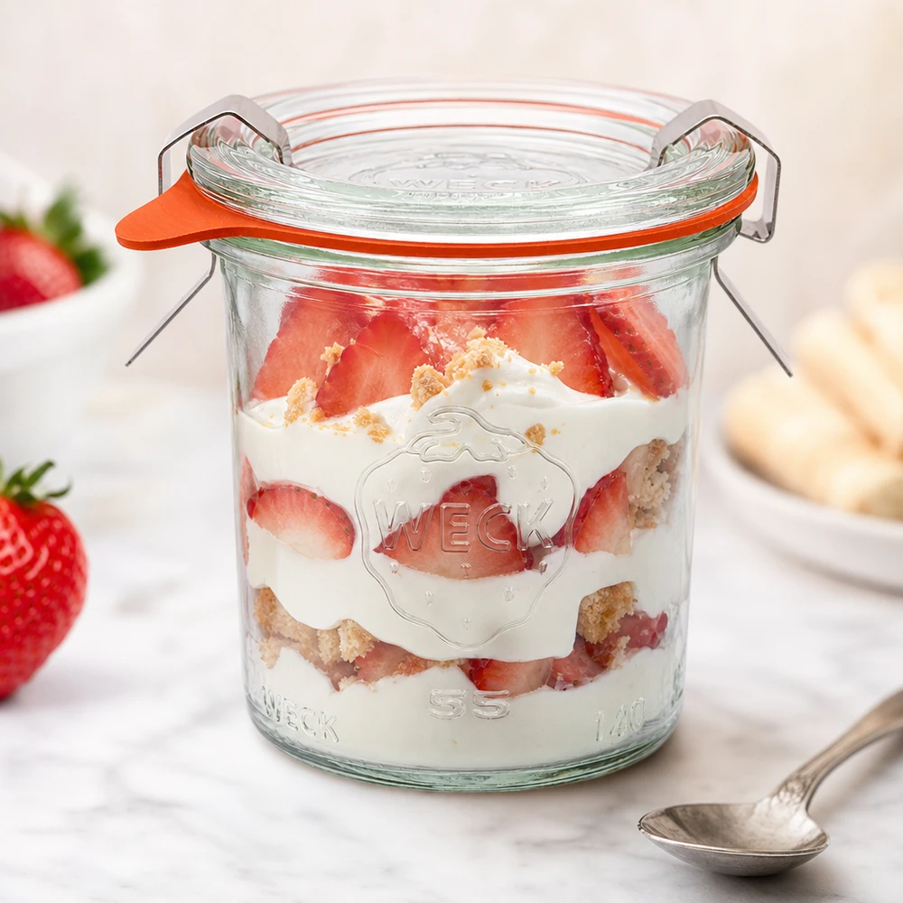Copos de vidro de 140ml completos WECK RR60 Frasco de sobremesa de morango e creme WECK 140ml RR60 cheio de morangos frescos e migalhas de biscoito como um frasco de porção