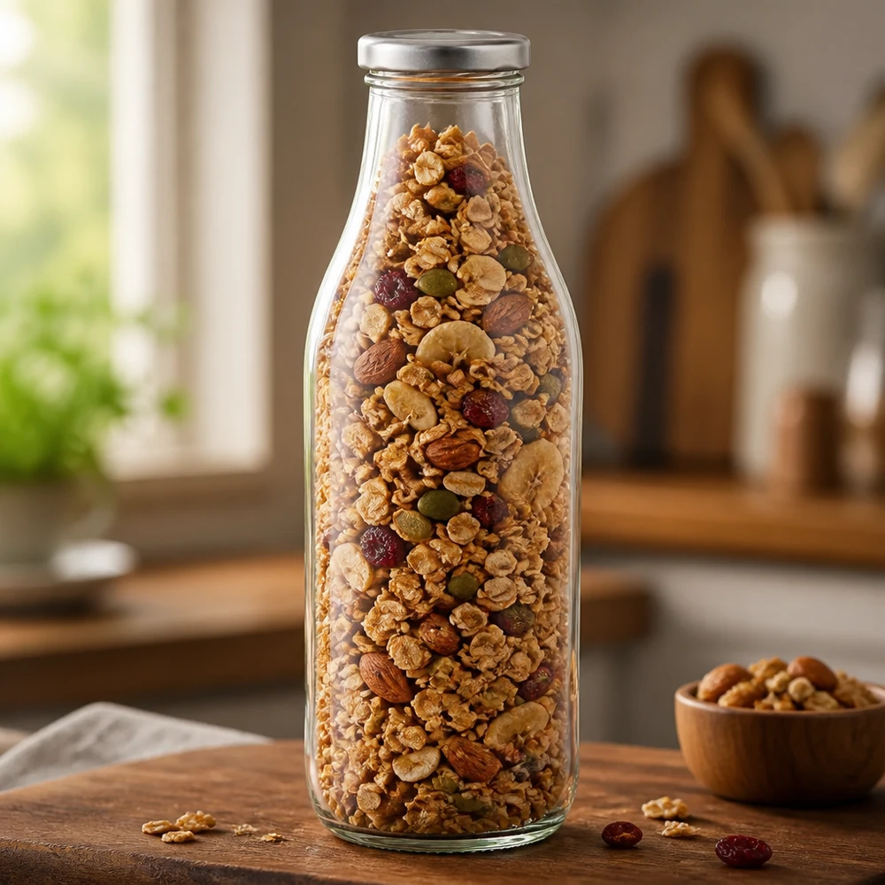Frasco de vidro de 1000 ml + tampa BasicSeal prateada UNiTWIST Garrafa de vidro de 1000 ml BasicSeal prateada cheia de muesli, nozes e frutos secos Armazenamento na cozinha