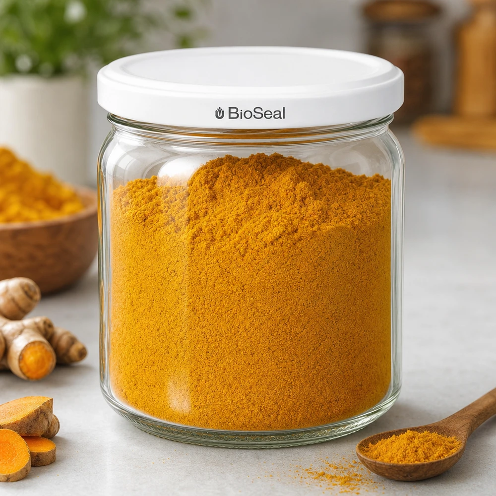 Frasco de armazenamento UNiTWIST Runda408 cheio de curcuma em pó - armazenamento hermético de especiarias com tampa BioSeal branca
