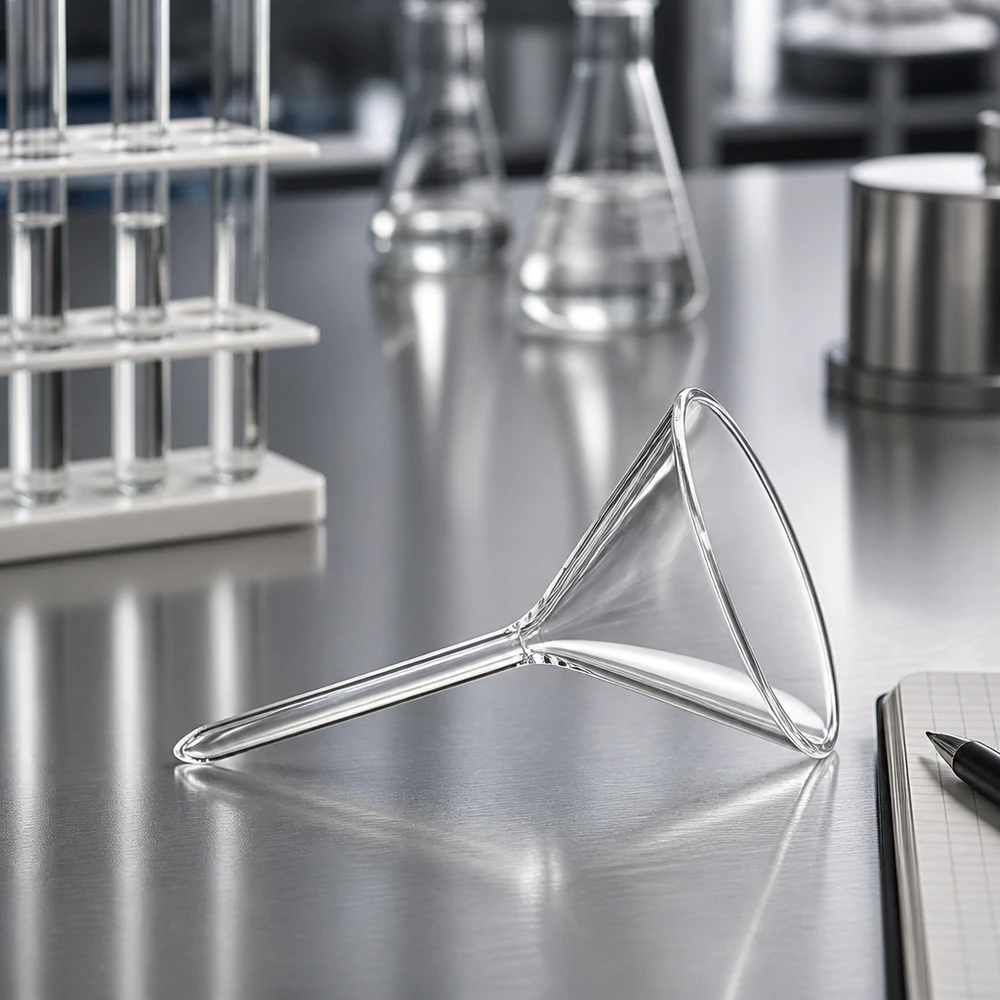 Funil ø55mm borosilicato ângulo 60 estilo curto Funil de laboratório de cabo curto em vidro borossilicato com 55 mm de diâmetro para uma decantação precisa