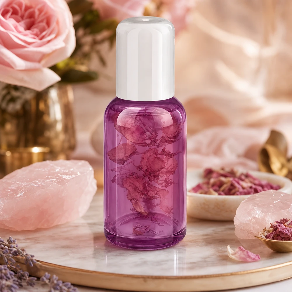 Frasco roll-on de 30ml branco padrão PurpleLine UT18/30 Frasco roll-on de vidro violeta 30ml com pétalas de rosa secas para aromaterapia natural