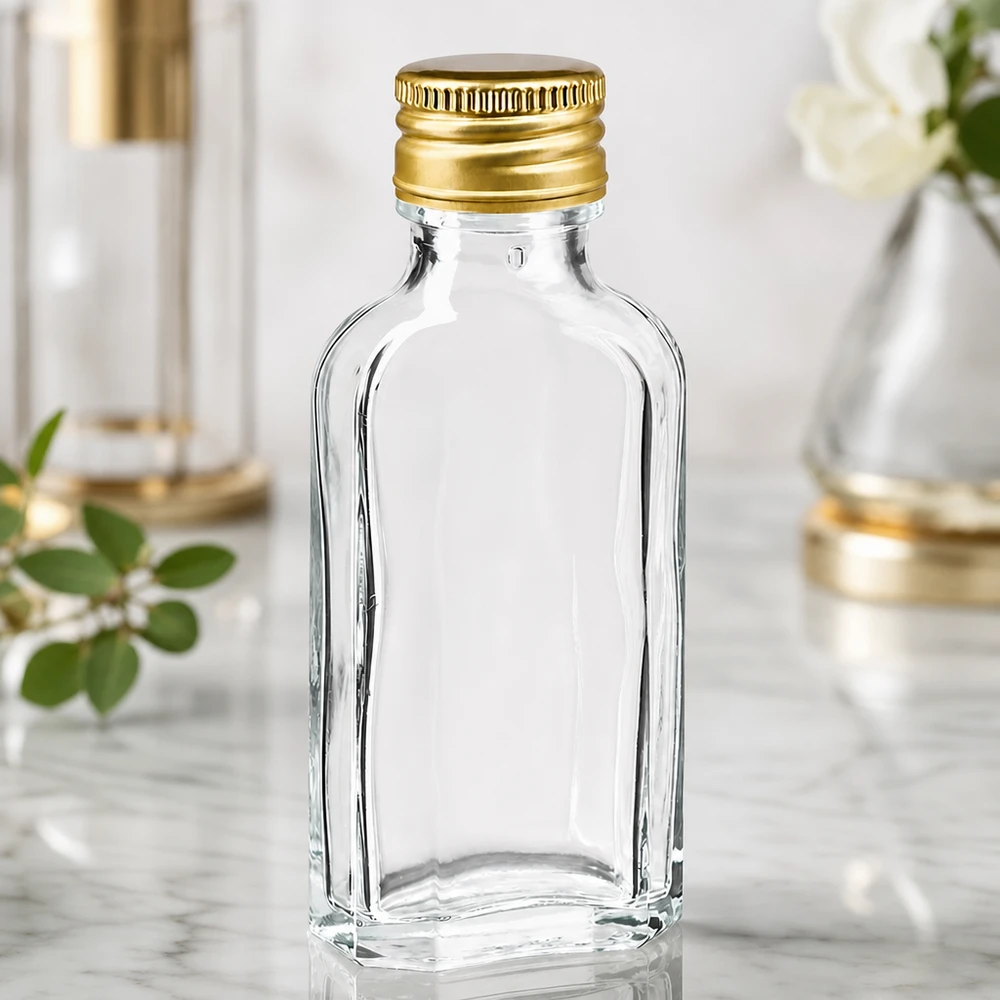 Frasco plano de vidro transparente de 50 ml, modelo Meplat, com tampa de alumínio dourada PP22 sobre fundo de mármore