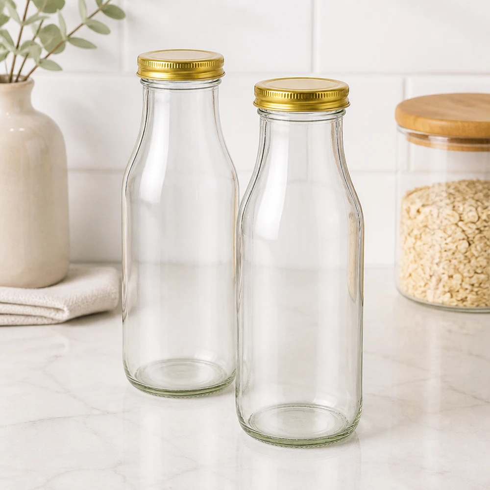 Duas garrafas de vidro UNiTWIST Bottle263 com tampas douradas TO43 BioSeal numa cozinha moderna ao lado de um frasco de armazenamento de aveia