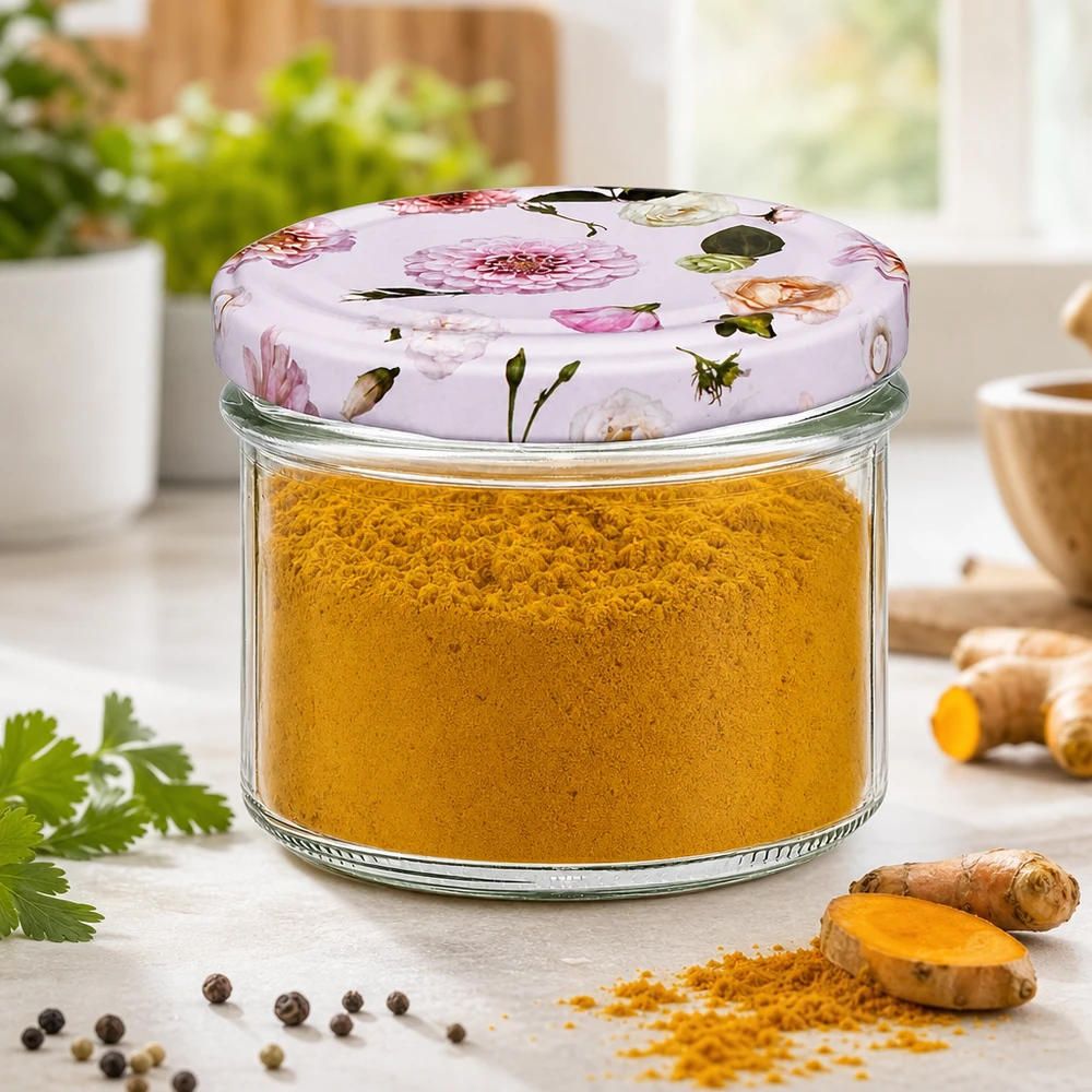 Copos de vidro de 225 ml + tampa BasicSeal flor rosa UNiTWIST Frasco de vidro de 225 ml cheio de curcuma em pó e tampa floral - armazenamento de especiarias em frasco de conserva