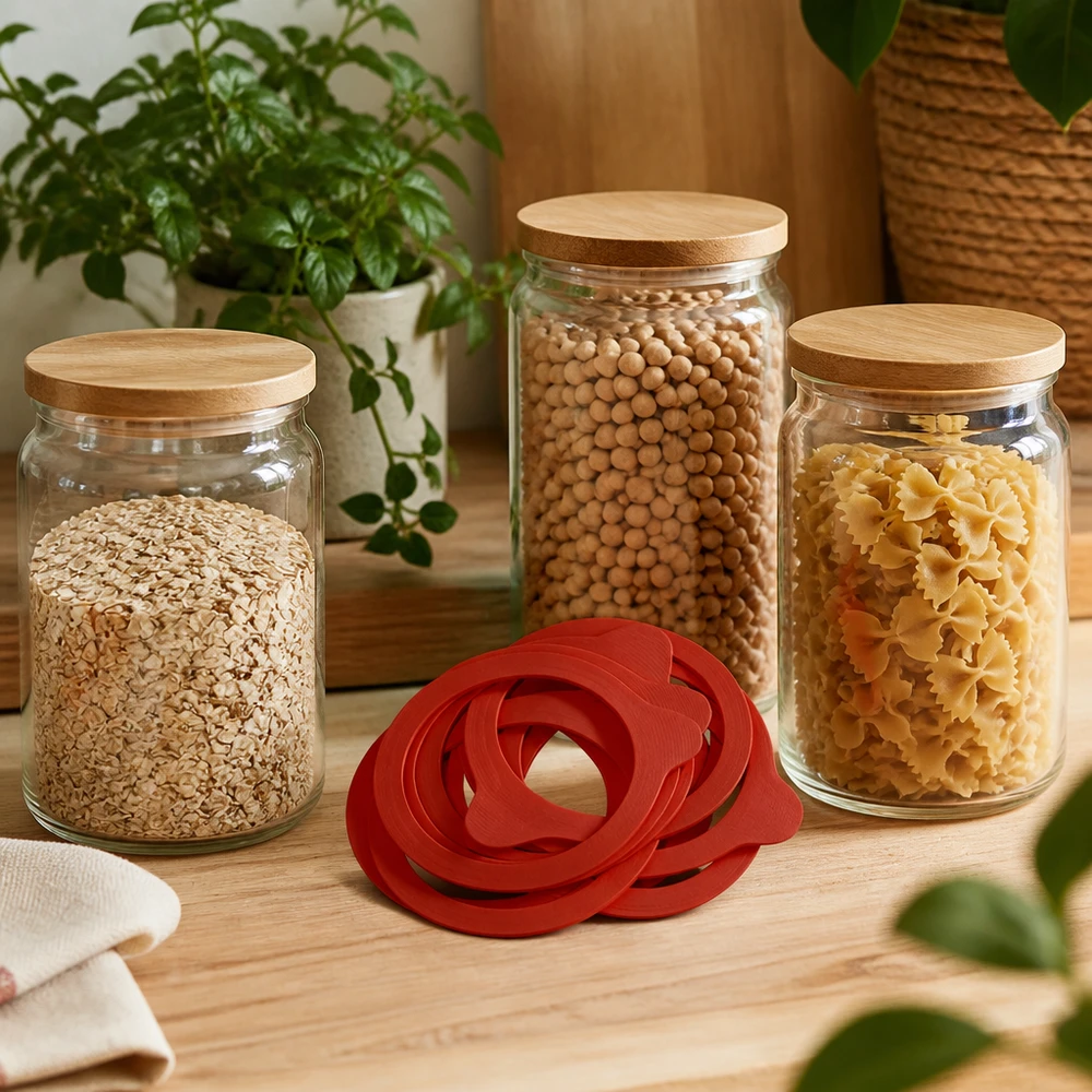 Anéis de conservação vermelhos RR100 Borracha natural na frente de frascos de armazenamento com massas, legumes, flocos de aveia Decoração de cozinha