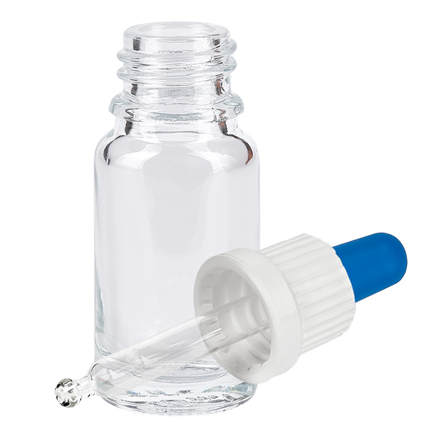 Frasco pipeta de 10ml branco/azul com fecho inviolável ClearLine UT18/10 Frasco de pipeta de vidro transparente de 10 ml com pipeta conta-gotas branca e bola de borracha azul aberta