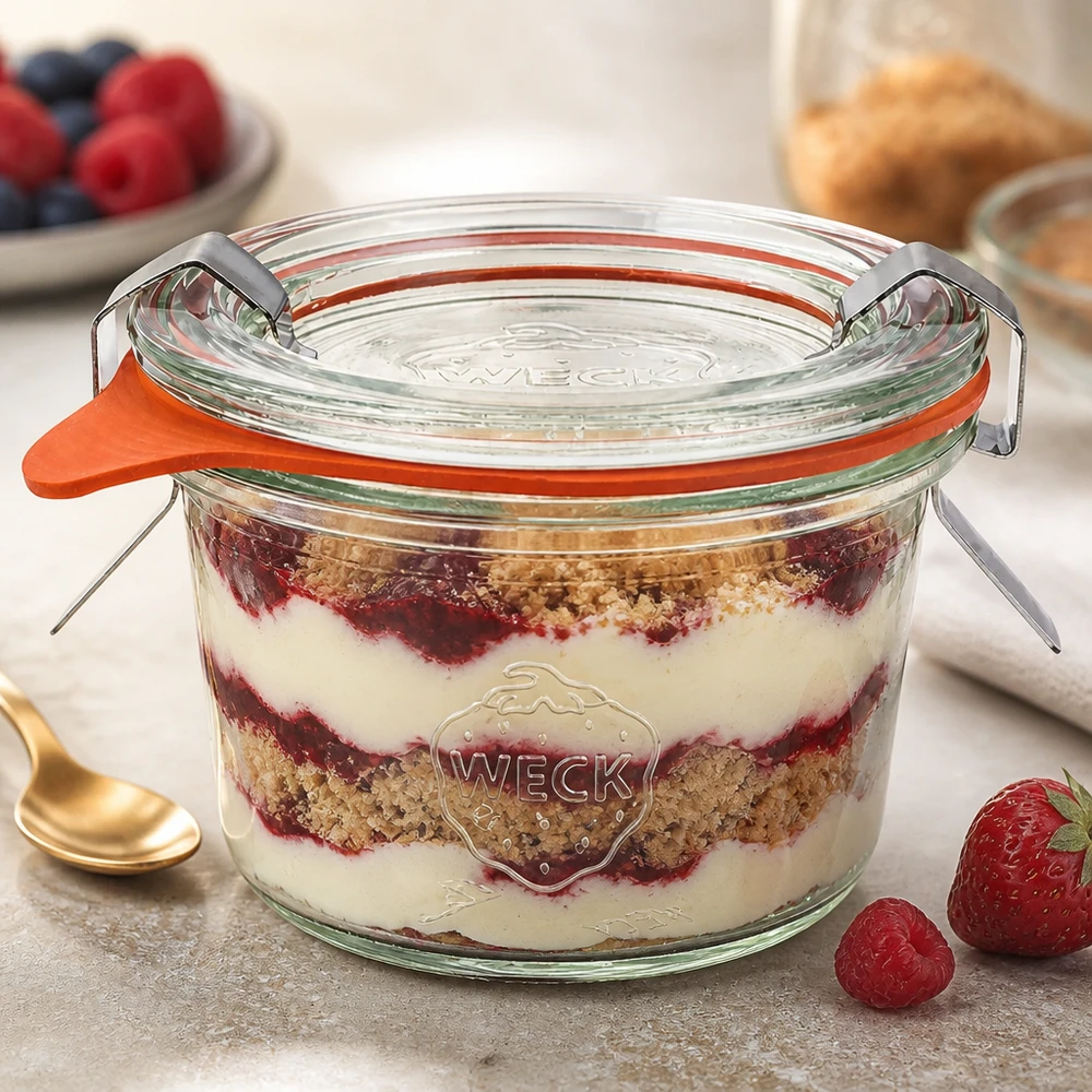 Copos de vidro de 80ml completos WECK RR60 Os copos WECK de 80 ml RR60 com a sobremesa em camadas Tiramisu mostram uma utilização versátil para sobremesas e porções