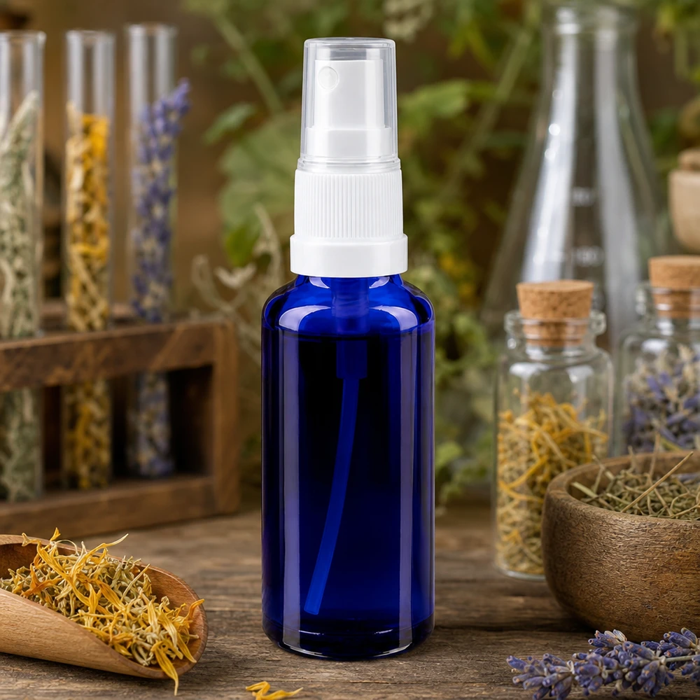 Frasco de vidro de farmácia azul de 30 ml com pulverizador, entre ervas medicinais secas, uma taça de madeira e recipientes de vidro