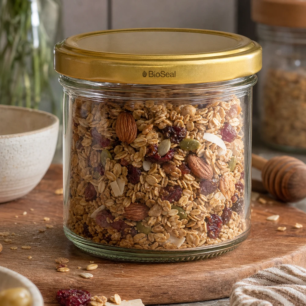 Copos de vidro de 125 ml com tampa dourada UNiTWIST BioSeal UNiTWIST 125ml Vorratsglas mit Müsli und Nüssen - goldener TO66 Deckel für luftdichte Aufbewahrung von Granola