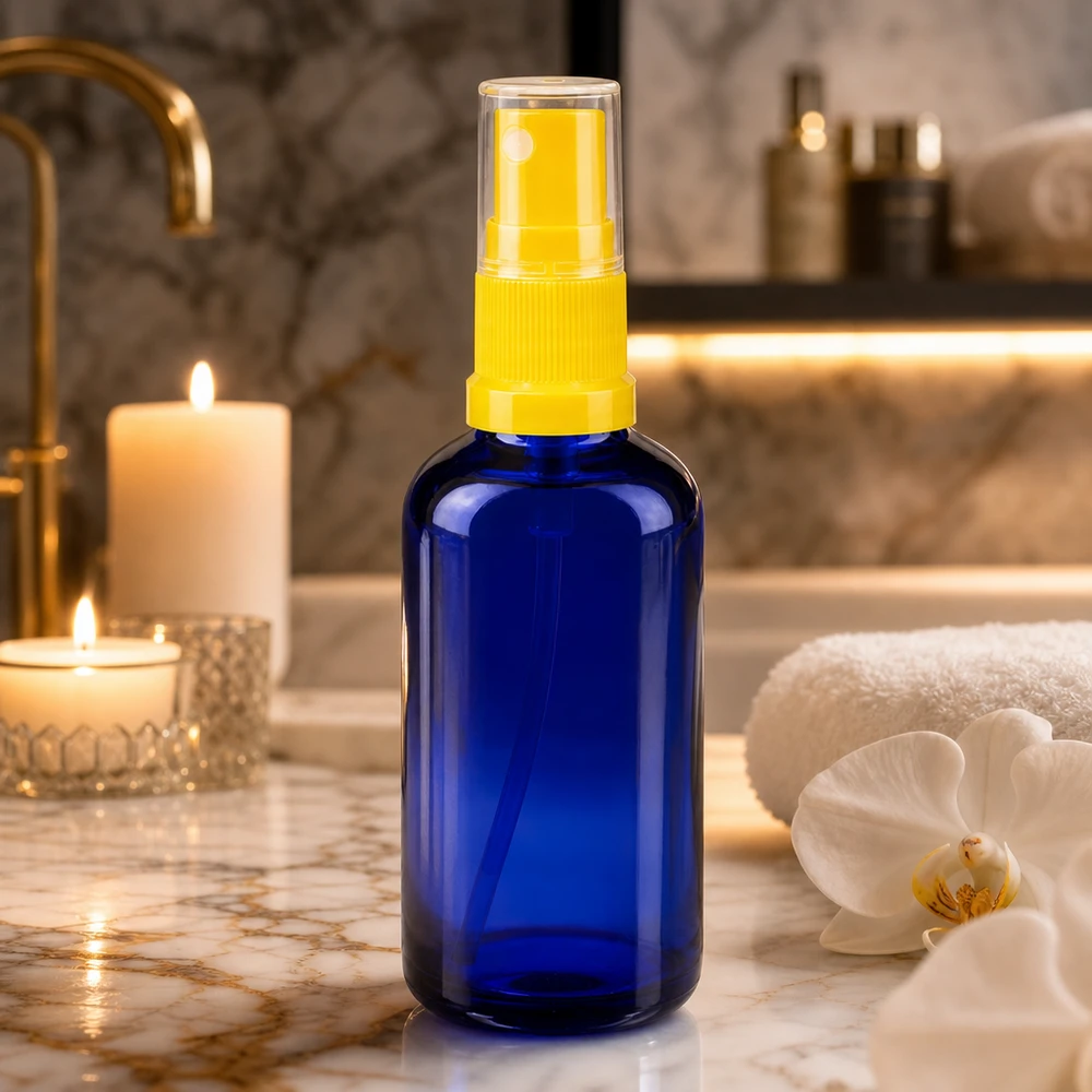 Frasco de spray azul de 50 ml em vidro de farmácia com bico pulverizador transparente sobre fundo de mármore