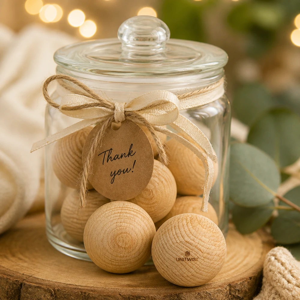 UNiTWIST bolas de madeira de faia WECK RR60 em frasco de oferta com etiqueta de agradecimento decoração rústica botões de madeira