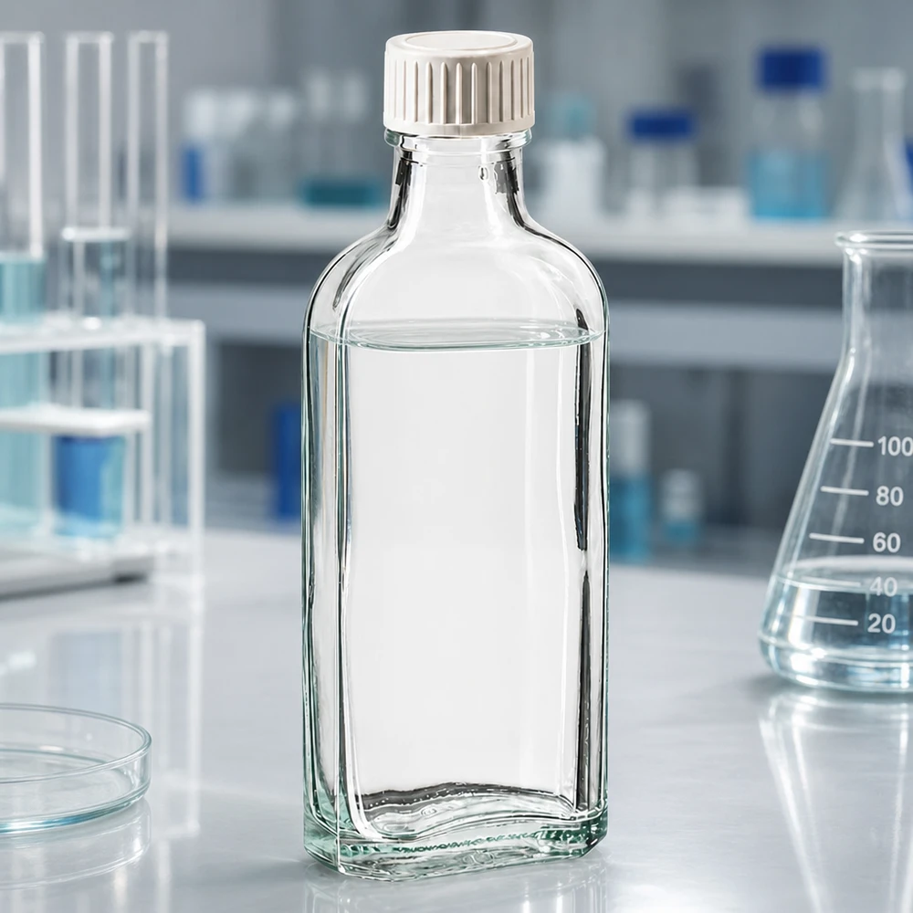 Pequeno frasco de laboratório de 100 ml com inserção de espuma de PE na tampa de rosca, sobre uma mesa de laboratório branca