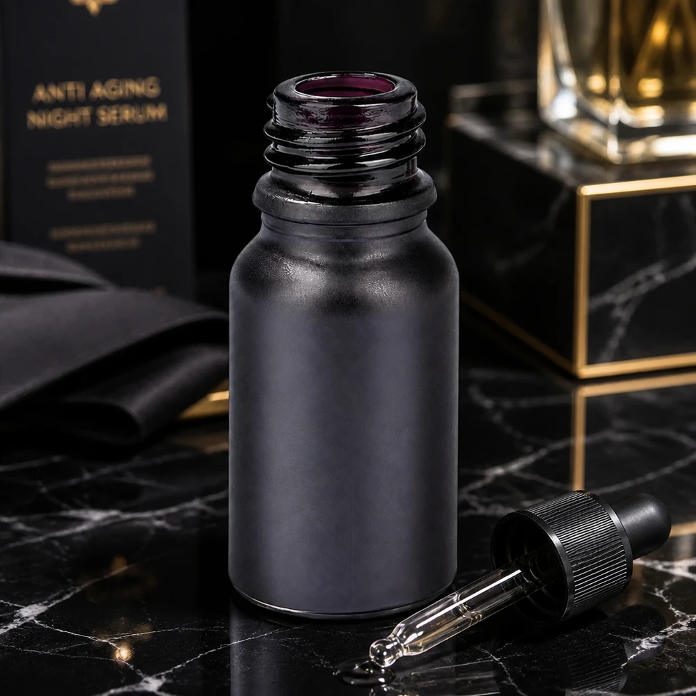 Frasco farmacêutico preto de 10 ml BlackLine UT18/10 com pipeta para dosagem precisa de soros