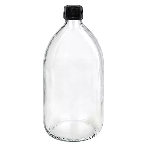 Frasco de medicamento de 1000ml transparente, tampa preta com anel inviolável ApoGlas Frasco de medicamento de 1000ml transparente, tampa preta com anel inviolável ApoGlas