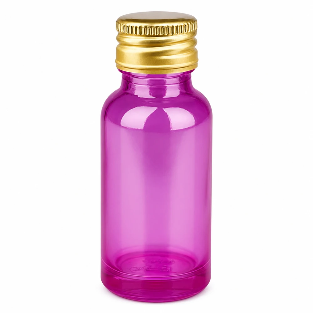 Frasco de vidro de 20 ml transparente púrpura com tampa de alumínio dourada com rosca de 11 mm