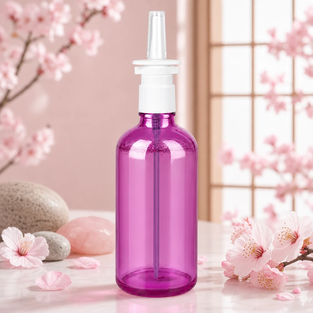 Frasco de spray nasal de 100 ml branco/transparente padrão PurpleLine UT18/100 Frasco de spray nasal ergonómico de 100 ml com cabeça de pulverização prática em design moderno roxo UT18