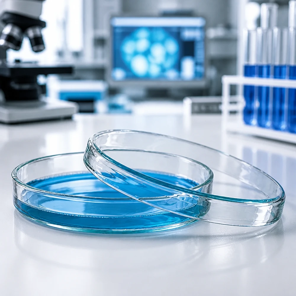 Placa de Petri de vidro 80x15mm Placa de Petri de laboratório transparente, de vidro, com 80 x 15 mm, contendo um líquido azul sobre uma superfície de trabalho branca