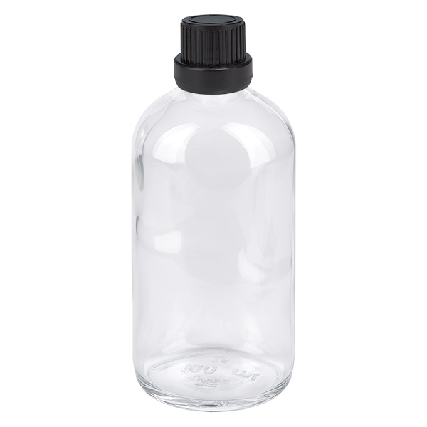 Frasco conta-gotas de 100 ml com tampa inviolável preta de 2 mm ClearLine UT18/100