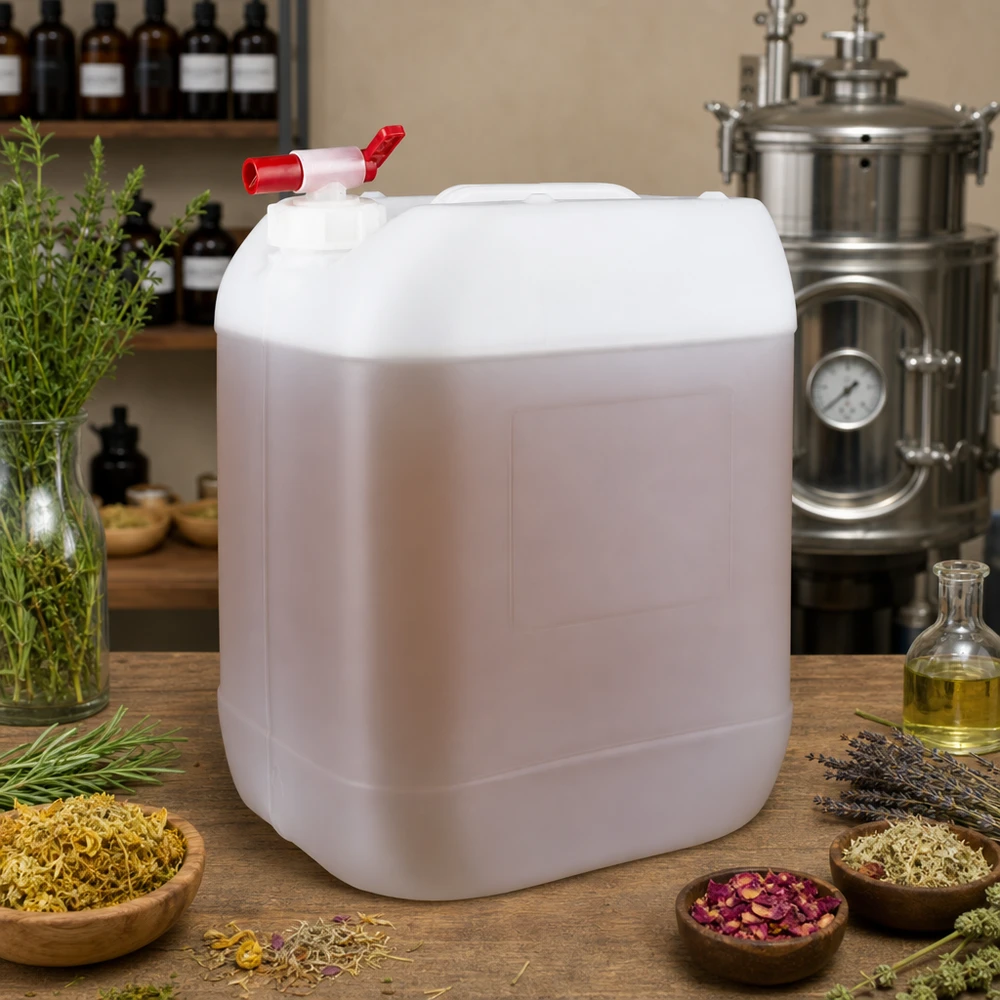 Recipiente de 20 litros, adequado para uso alimentar, com torneira de drenagem vermelha, entre as ervas aromáticas e o alambique
