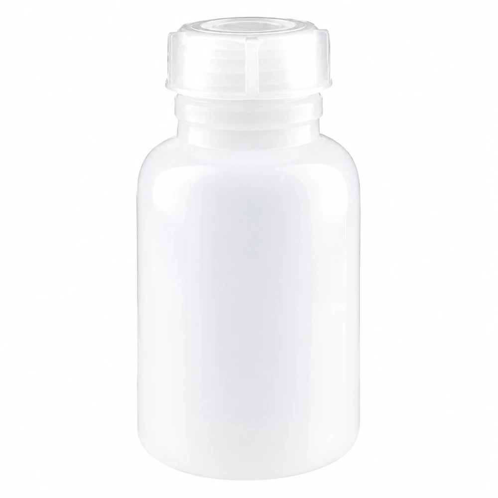 Transparente 250ml Weithalsflasche aus Laborbedarf mit weißem Schraubverschluss