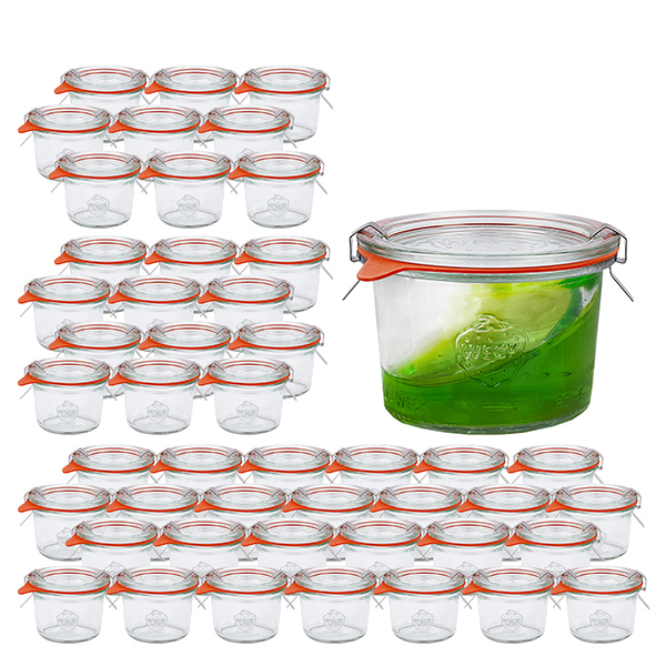 Conjunto de 48 copos de vidro Weck 80ml com 48 tampas de vidro Conjunto de 48 copos de vidro Weck 80ml com 48 tampas de vidro