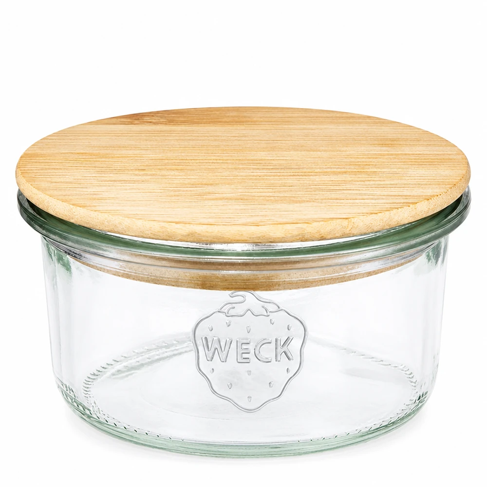 Frasco de vidro WECK 165ml RR80 com tampa redonda de madeira feita de bambu para conservação e armazenamento