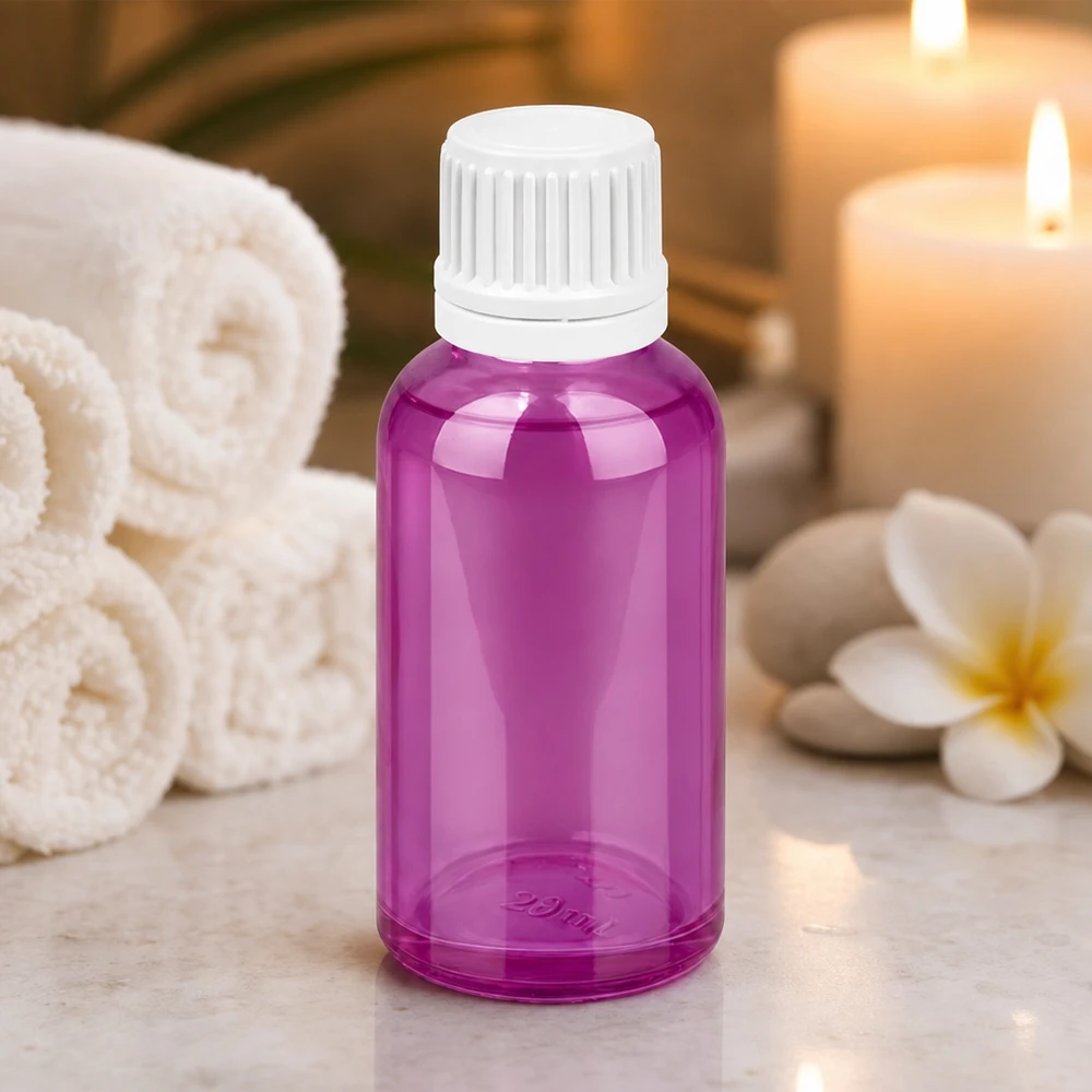Frasco de 30 ml de alta qualidade em material violeta transparente com tampa de rosca branca