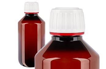 Frascos médicos em PET castanho com tampa branca/vermelha